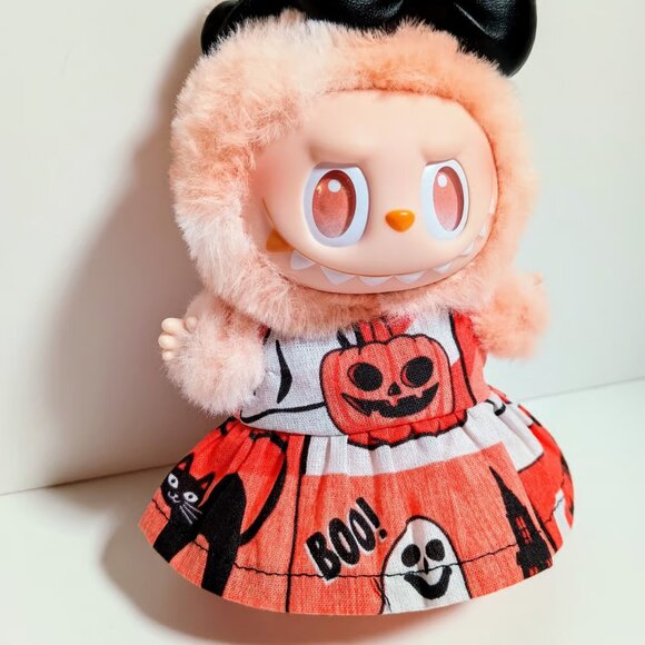 Spooky Halloween Jack o Lantern Pumpkin Dress and Bow Made to Fit Labubu - Picture 2 of 8